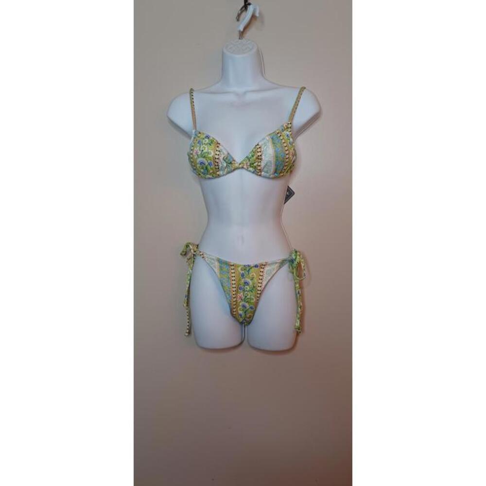 womens Green floral string Bikini S 2 piece cheeky BOHO